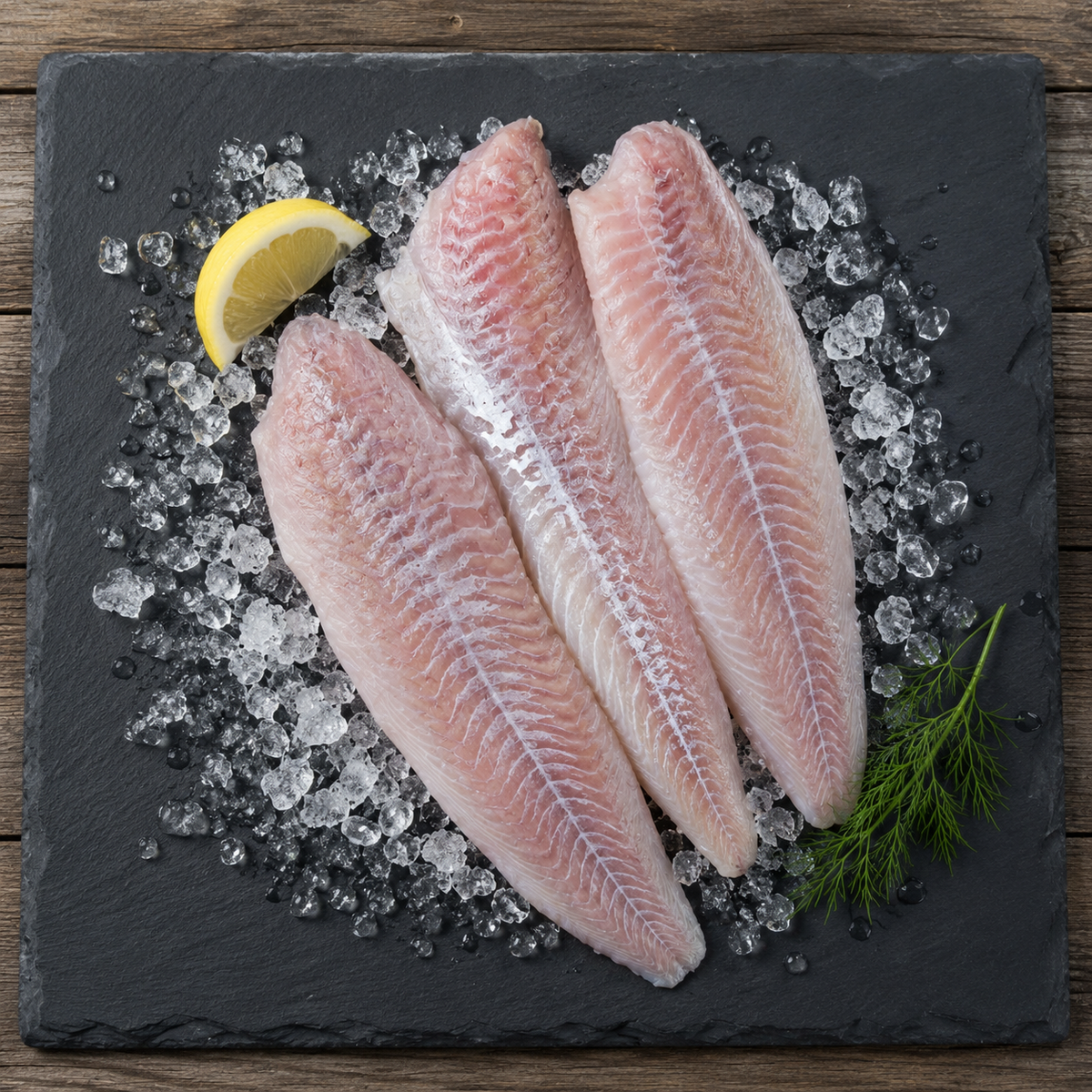 Frische Seelachsfilets vollständig auf Eis mit Zitrone und Dill