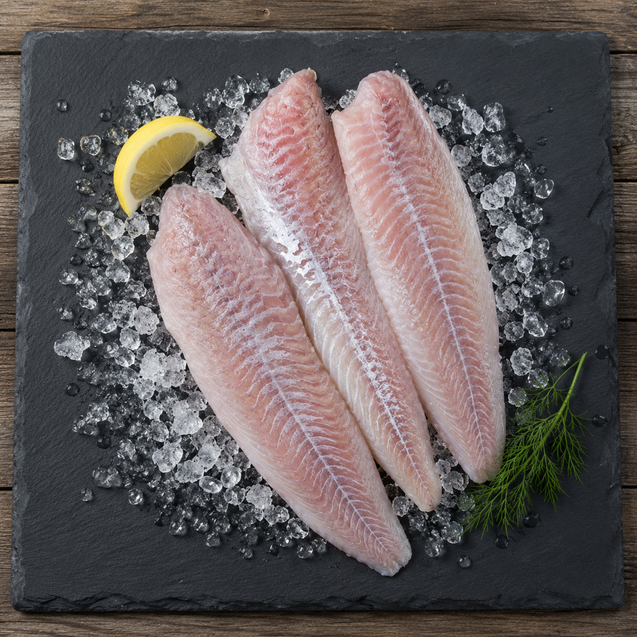 Frische Seelachsfilets vollständig auf Eis mit Zitrone und Dill