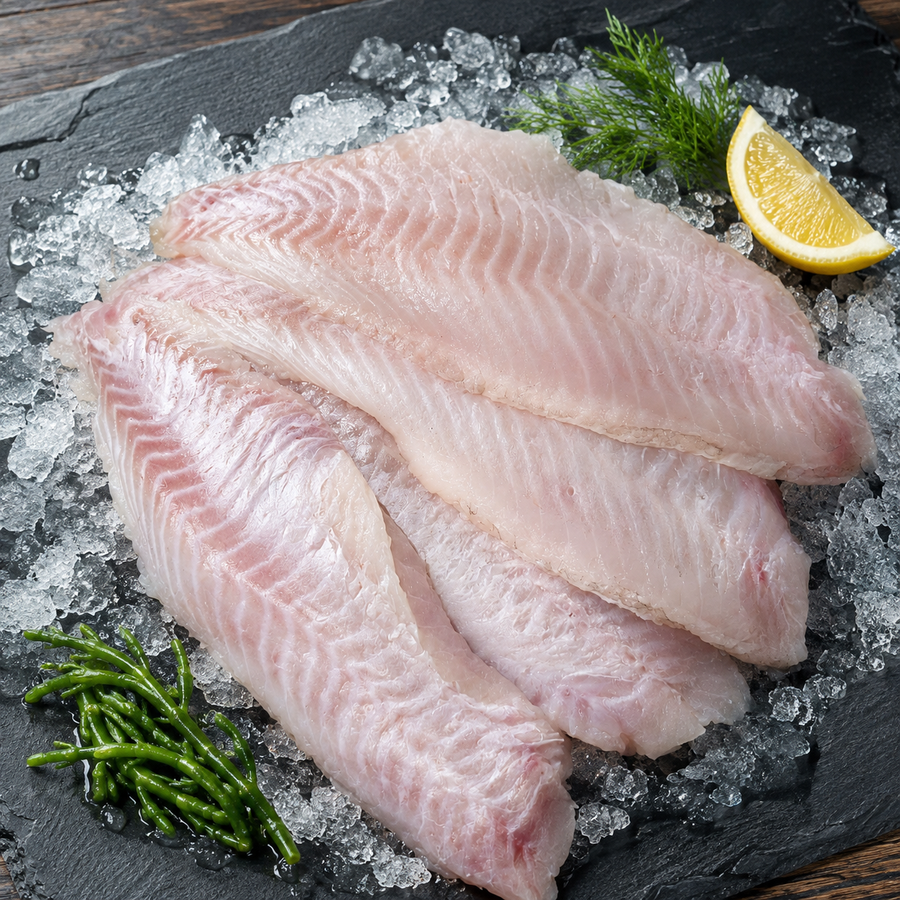 Frisches Rotbarschfilet auf Eis mit Zitrone und Kräutern